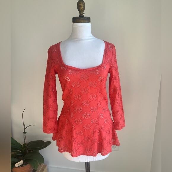 FREE PEOPLE ORANGE DAISY LACE PELAM SHIRT 3/4 SLEEVE SIZE S - Picture 2 of 7